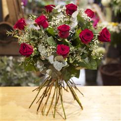 Dozen Long Stemmed Red Roses With Gyp